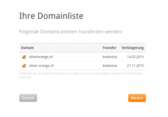 Wählen Sie die Domains, die Sie transferieren möchten.