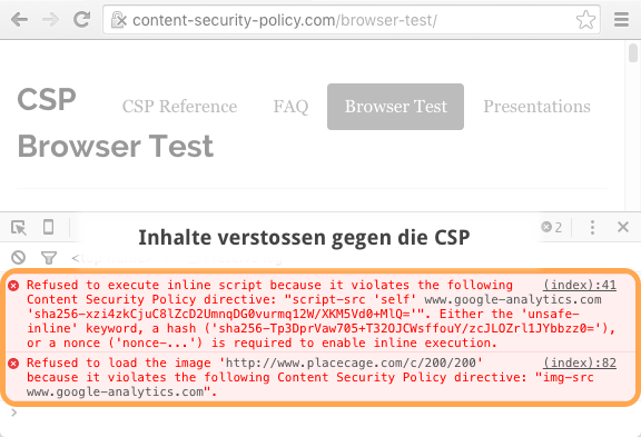 CSP-Verstosse werden in der Browserkonsole angezeigt.