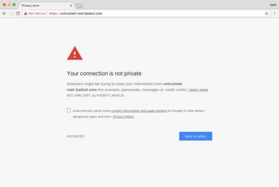 Warnung in Google Chrome, dass dem Root-Zertifikat nicht vertraut wird.