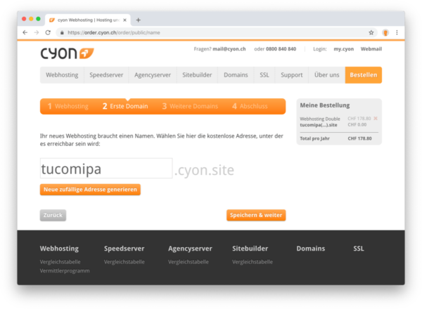 Individuelle cyon.site-Adresse für neue Webhostings.