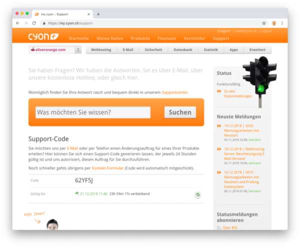 Neue my.cyon-Funktion «Support-Code»