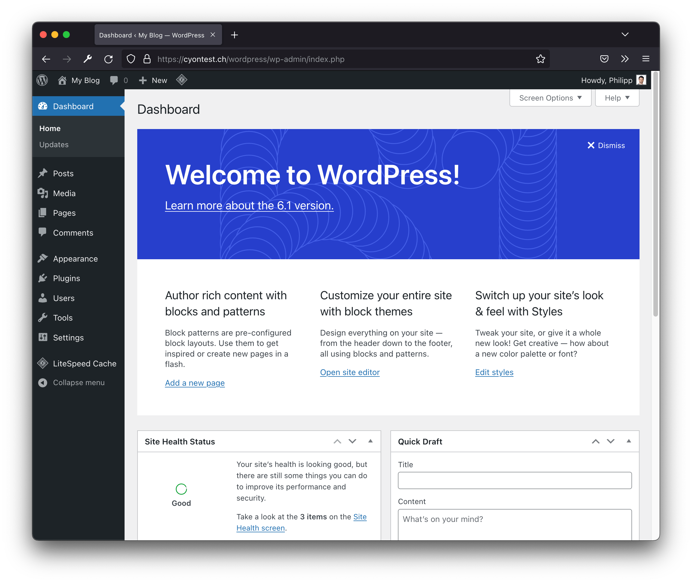 Screenshot Dashboard WordPress 6.1