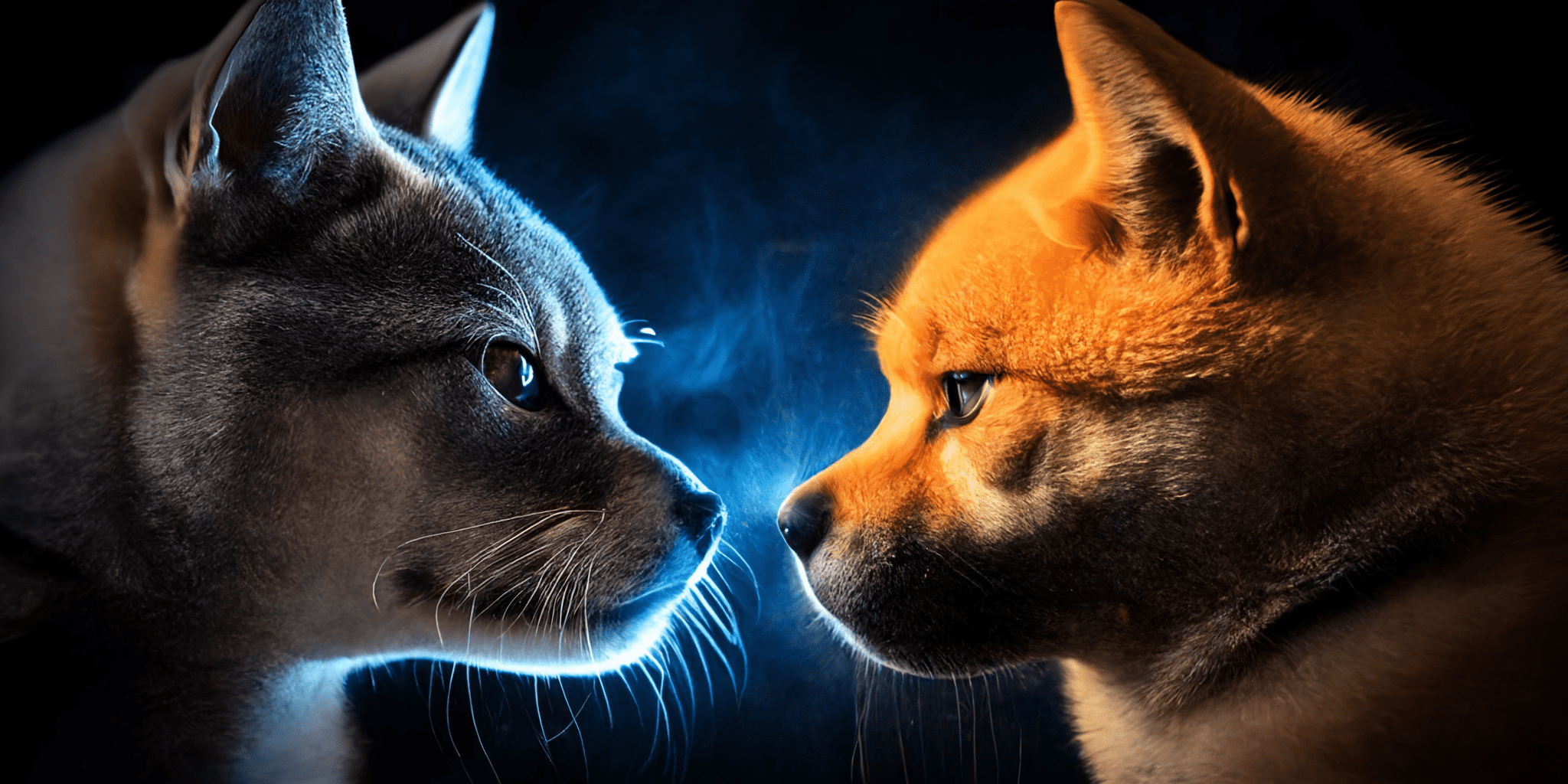 Von Midjourney generiertes Bild, Prompt 'russian blue cat staring at a Shiba dog, 3 face to face, angry, fight, agressive, smoke, boxing ring, studio lighting, orange lighting, portrait, extreme closeup, --ar 16:8 --v 4 --upbeta'
