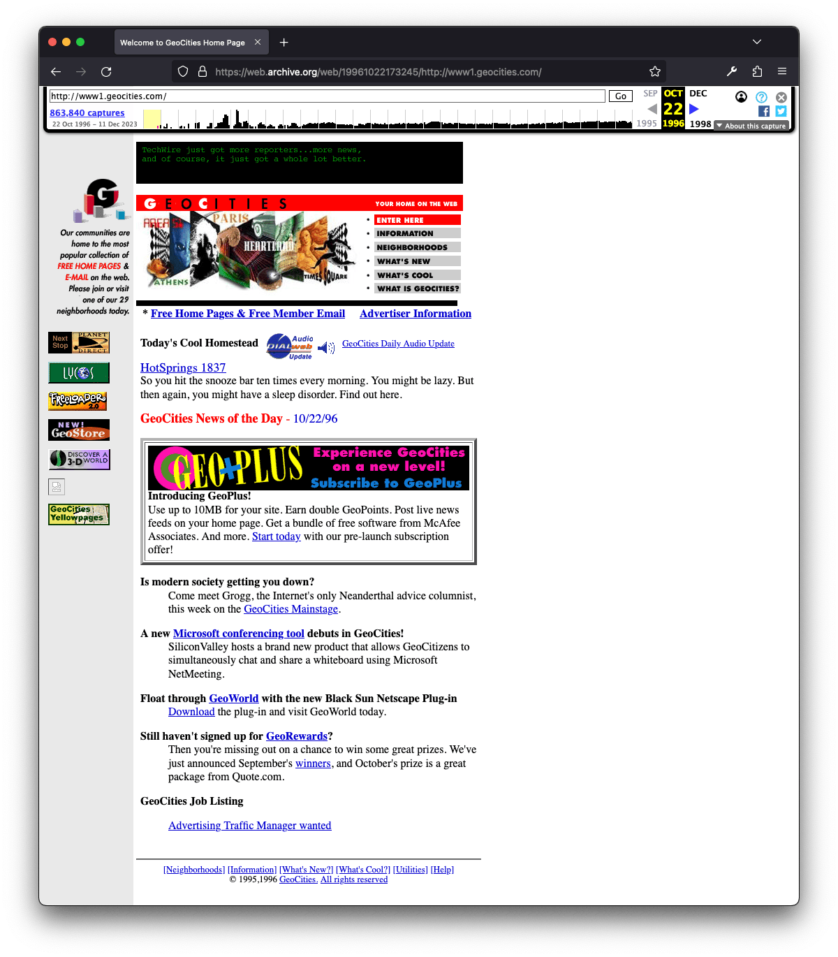 Screenshot GeoCities-Startseite aus dem Jahr 1996