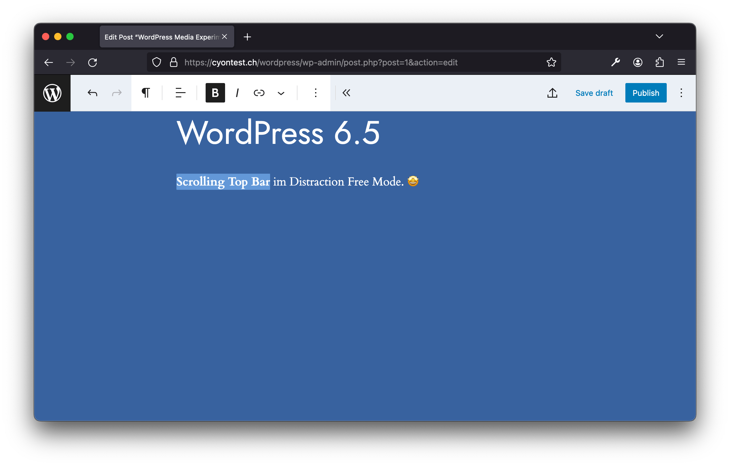Screenshot Distraction Free Mode in WordPress 6.5, neue «Scrolling Top Bar»